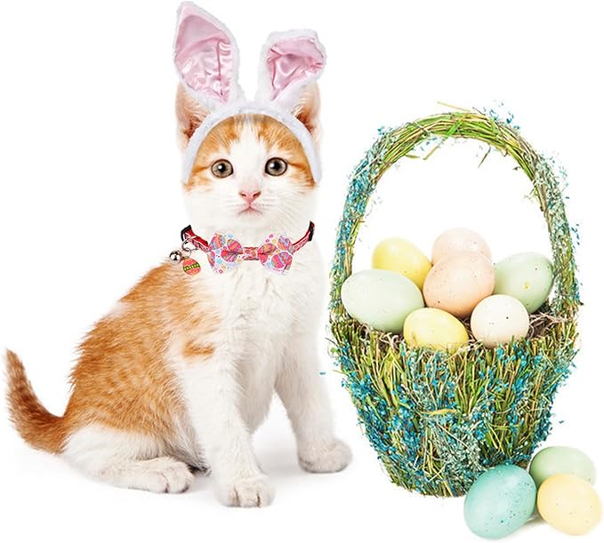 ADOGGYGO Easter Cat Collars with Bow Bell, Breakaway Kitten Bowtie Collar Red Purple Eggs Rabbit Easter Collars for Girl Boy Cats Kittens