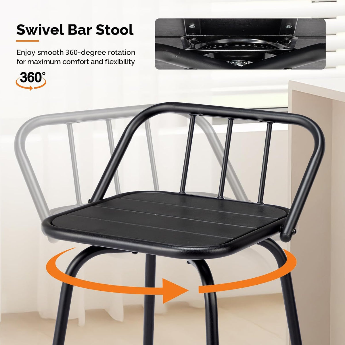 VINGLI 2 PCS Outdoor Swivel Bar Stools, 30 Inch Metal Barstools with Backrest & Footrest, 360° Rotating All-Weather Stools for Garden, Balcony, Kitchen Island (Black)