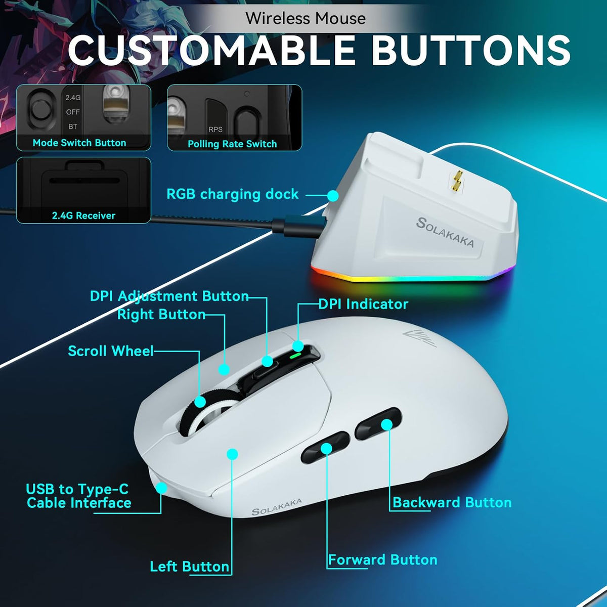 SOLAKAKA SM820 Wireless Gaming Mouse with RGB Charging Dock,24000 DPI Tri-Modes Wireless Mouse with 2 Side Buttons, PAW3311 Optical Sensor, Programmable Macro Mouse for Gaming(White)