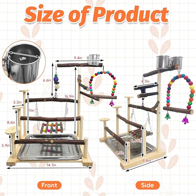 Kathson Wood Bird Playground Parrot Play Stand with Feeder Cups Parakeet Perch Stand with Ladder Hanging Swing Chewing Toys Conure Cage Accessories for Parakeet Conure Lovebird Cockatiel (Fruit Wood)