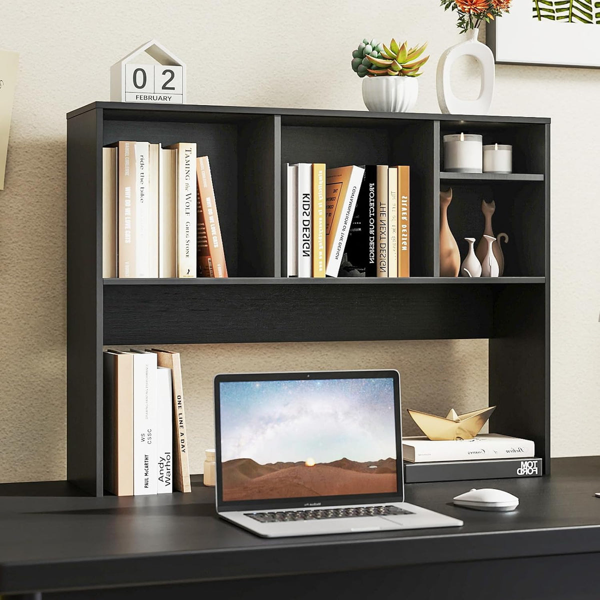 LDAILY Desktop Bookshelf, 2-Tier Office Desk Shelf Organizer Desk Hutch with 4 Shelves, 37’’L Wood Storage Rack Display Shelf for Computer Desk, Office, College Dorm, Bedroom (Black)