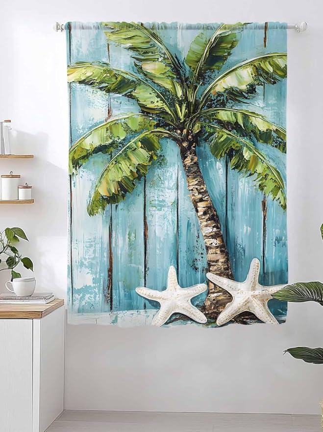 Sheer Curtains 72 Inches Long, Coastal Beach Starfish Semi Sheer Curtains Light