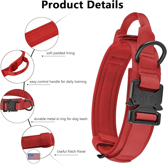 DAGANXI Tactical Dog Collar, Adjustable Military Training Nylon Dog Collar with Control Handle and Heavy Metal Buckle for Medium and Large Dogs, with Patches and Airtags Case (Red-Set, M)