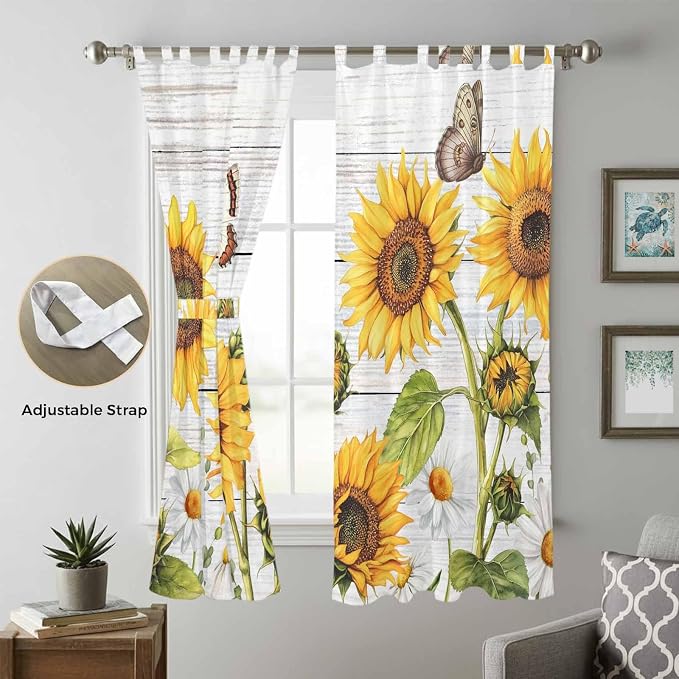 Yellow Sunflowers Living Room Curtains 96 Inch Length, Window Curtains Tab Top