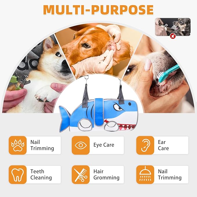 Dog Grooming Hammock for Small Dogs Cats, Cute Shark Design Dog Hanging Harness for Nail Trimming/Clipping, Pet Sling with Grooming Kit and Thick Neck Support & Strap Restraint Claw Care,XS