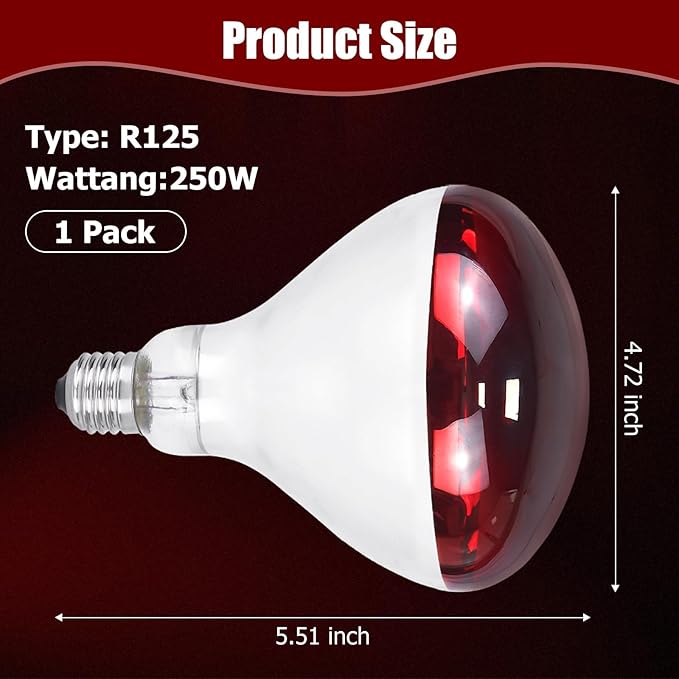 250W Infrared Heat Lamp for Chicken, Red Heat Light Bulb R125 1 Pack, Heat Lamp Bulb for Chick Croop, Reptiles, Pets, Food