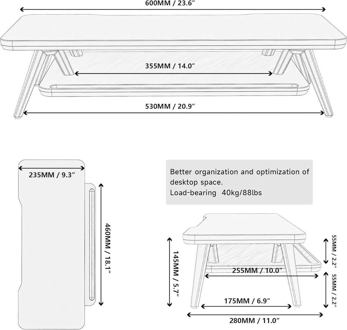Fenge Monitor Stand Riser, Wooden Desk Shelf with 2-Tier Storage