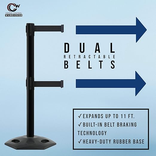 CCW Series WBB-200D - Set of 2 Retractable Dual Belt Barrier Stanchion, Heavy Duty Rubber Base, Black Post (11 Foot Belt, Yellow with"Caution - Wet Floor" Black Letters Belt)