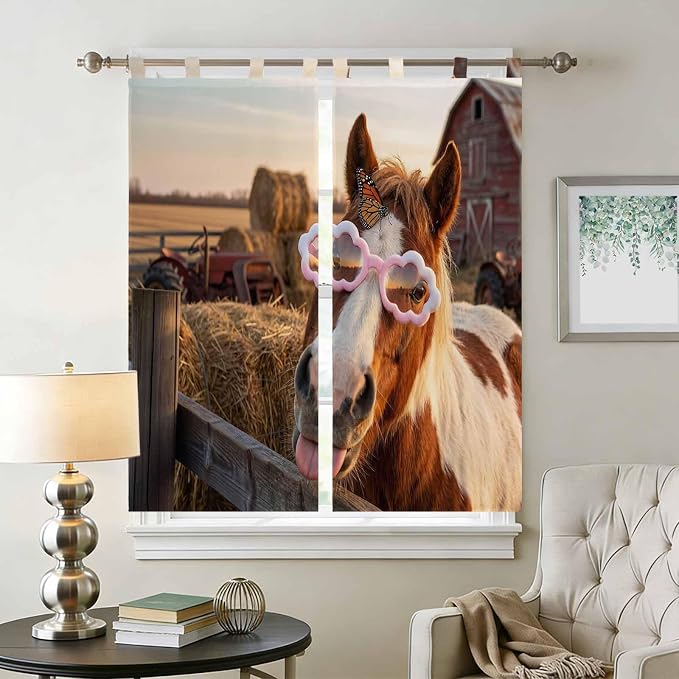 Farm Horses Bathroom Curtains 63 Inch Length, Window Curtains Tab Top,