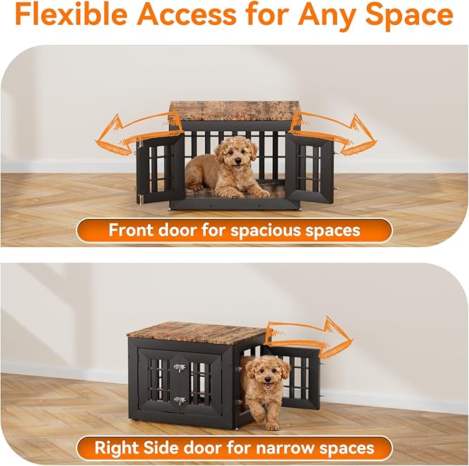 26" Heavy Duty Dog Crate Furniture for Small,Medium and Large Dogs,Rustic Wooden Dog Cage Kennel Indoor Furniture with Waterproof Top,Decorative Pet House Side End Table (Black & Wood)