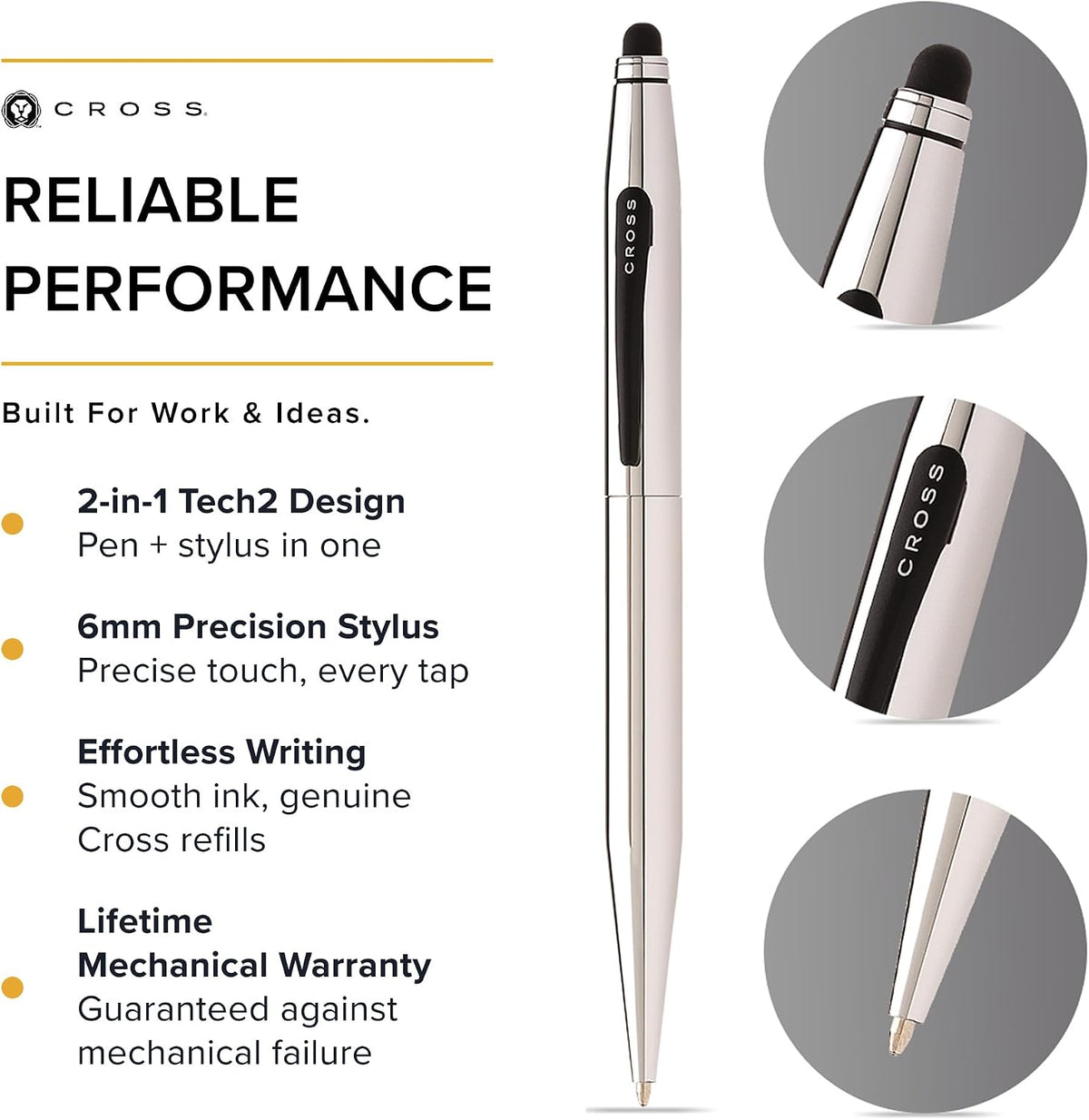 Cross Tech2 Chrome Dual-Function Ballpoint Pen, Medium Point, Black Ink