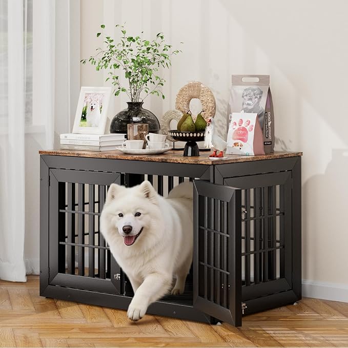 42" Heavy Duty Dog Crate Furniture for Small,Medium and Large Dogs,Rustic Wooden Dog Cage Kennel Indoor Furniture with Waterproof Top,Decorative Pet House Side End Table (Black & Wood)