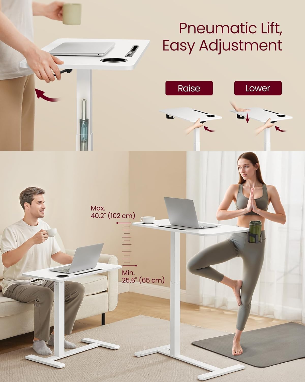 VASAGLE Overbed Table with Wheels, Mobile Laptop Standing Desk, 27.6 Inch