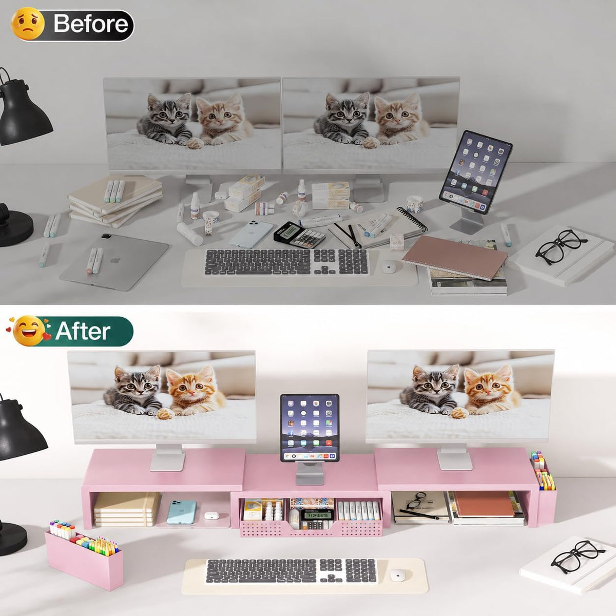 OPNICE Desk Organizer and Accessories, Computer Monitor Stand Riser with Drawer and 2 Pen Holders, Laptop Stand, Office Desk Accessories for Office Supplies, Pink