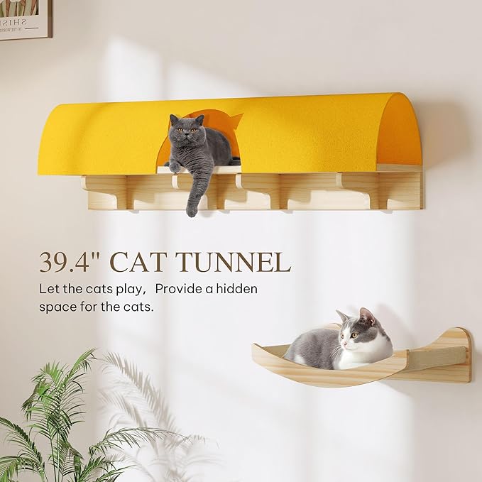 Cat Wall Shelves, 13-in-1 Solid Wood Wall-Mounted Cats Furniture Set with Scratching Post, Cat Climbing Wall Systems with 40''L Tunnel, Steps, Condos, House, Ladder, Cats Shelf Furniture