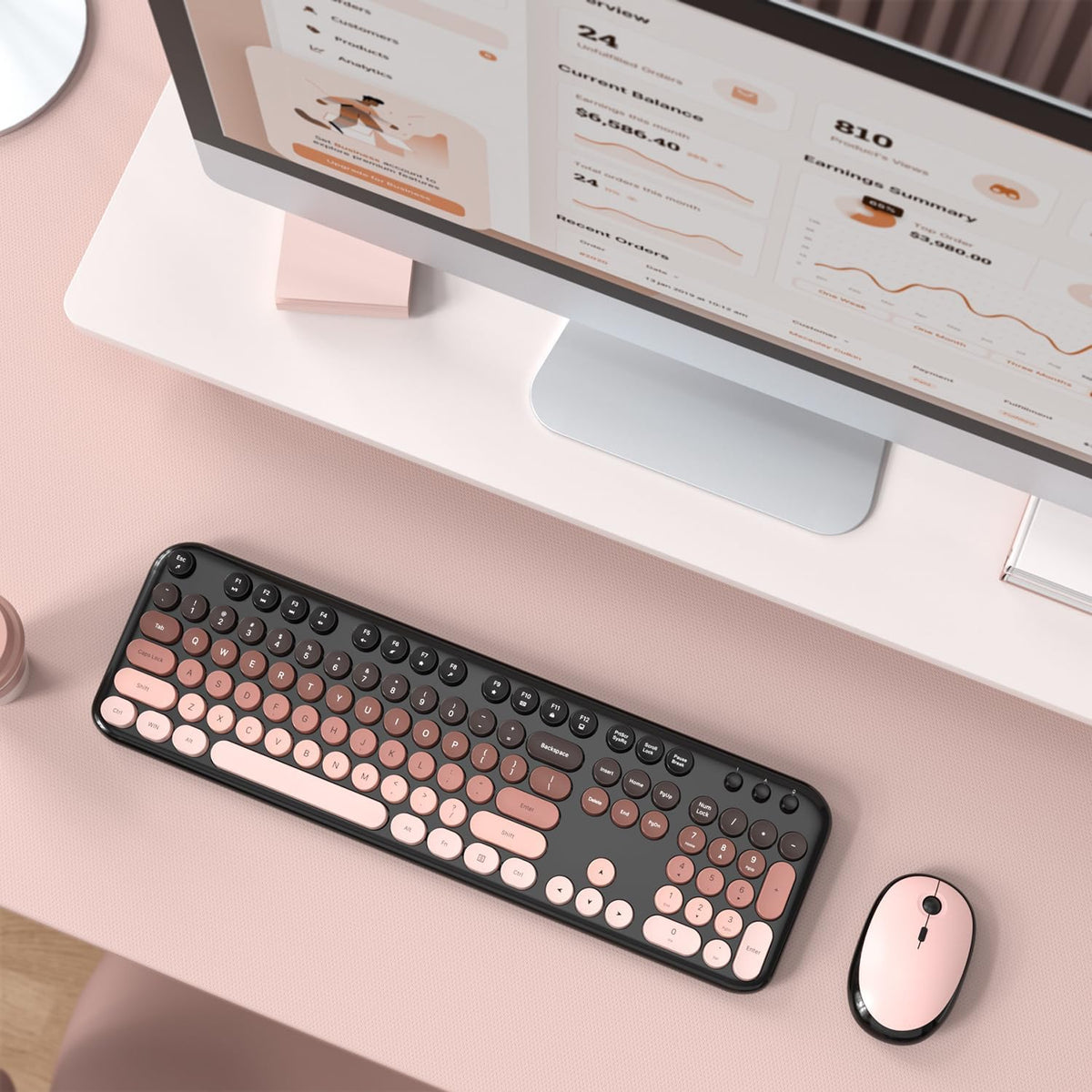 Atelus Wireless Keyboard and Mouse Combo, Typewriter Full Size Retro Keyboard with Number Pad, Ergonomic Design for Windows 7 8 10 11 PC Laptop Desktop, Home and Office Use