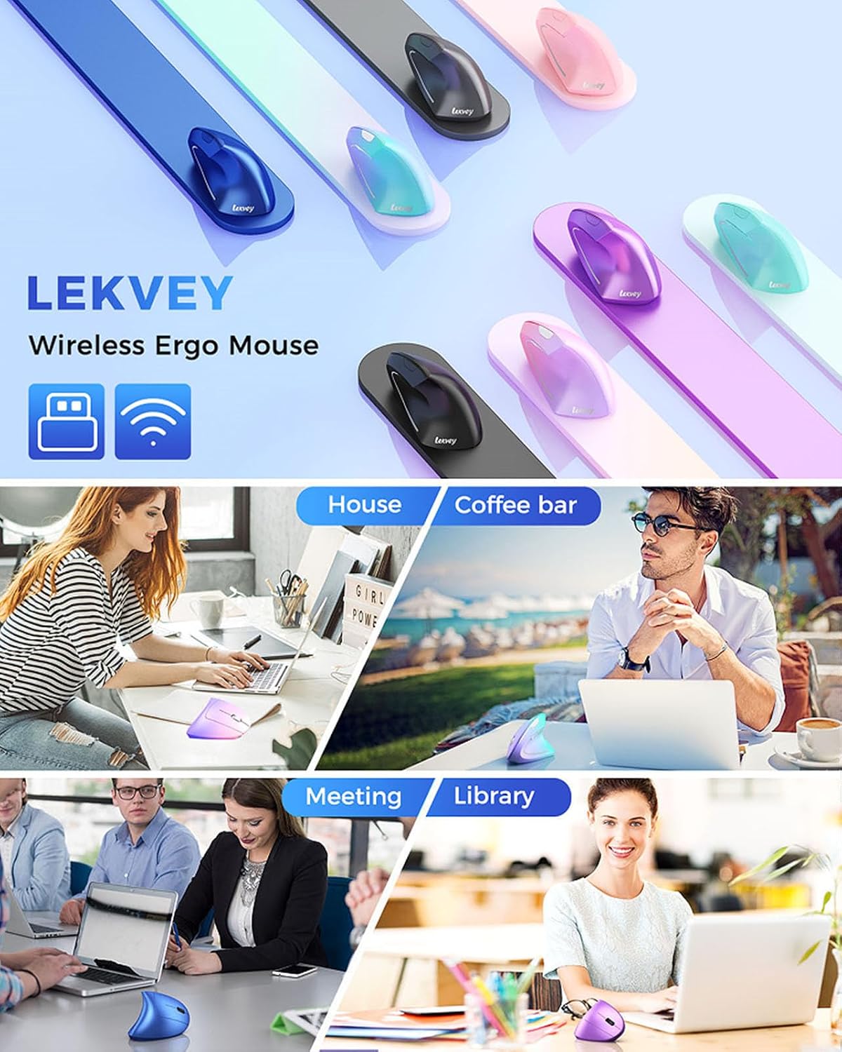Lekvey Ergonomic Mouse, Rechargeable 2.4G USB Vertical Wireless Mouse, Blue