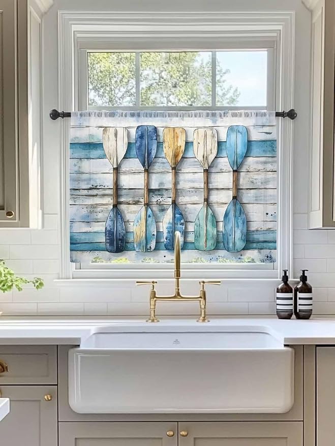 Sheer Curtains 45 Inch Length, Lake Paddle Striped Semi Sheer Curtains Light