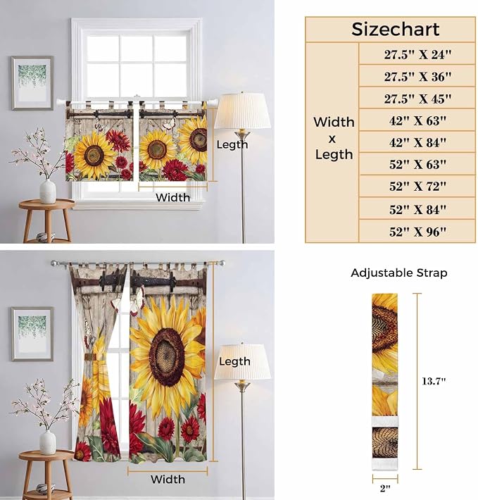 Sunflowers Living Room Curtains 96 Inch Length, Window Curtains Tab Top