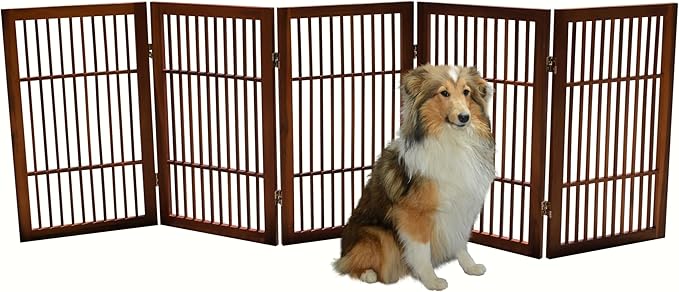 Urnporium Pet Dog Gate Freestanding, Strong Durable Folding Wooden Fence, Portable Acacia Hardwood Safety Barrier for Indoor & Outdoor Use (Brown Pet Gate, 5 Panel 30" Tall)