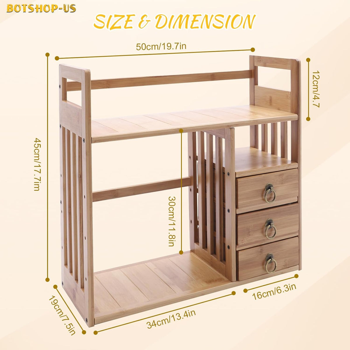 Gdrasuya10 Bamboo Desktop Bookshelf Wood Counter-top Bookcase Office Desk Organizer Book Holder with 3 Drawers Double Layer Makeup Storage Display Shelf Rack for Office Supplies (Natural Color)