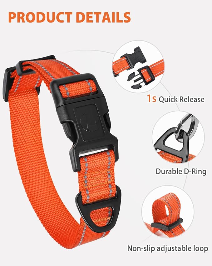 Joytale Reflective Dog Collar, Adjustable Nylon Pet Collar with Quick-Release Buckle for Medium Dogs, Orange, M