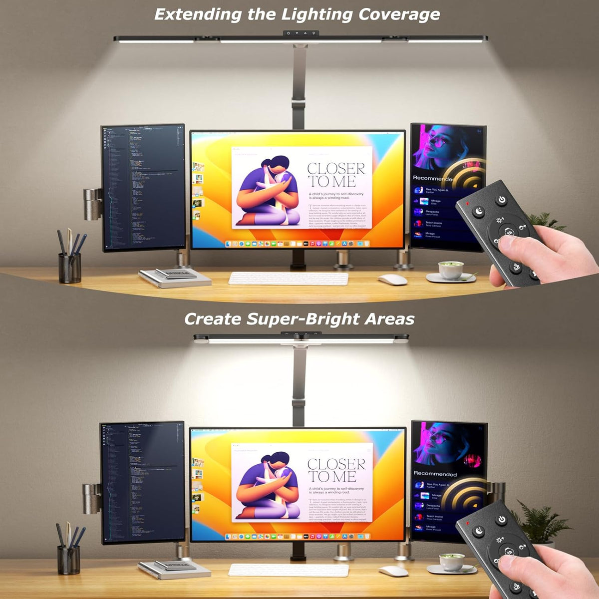 Airlonv LED Desk Lamp with Clamp, Architect Desk Lamp for Home Office with Remote, 24W Ultra-Bright Desk Light with Stepless Dimming and Stepless Color Temp, Memory Function for Study and Workbench
