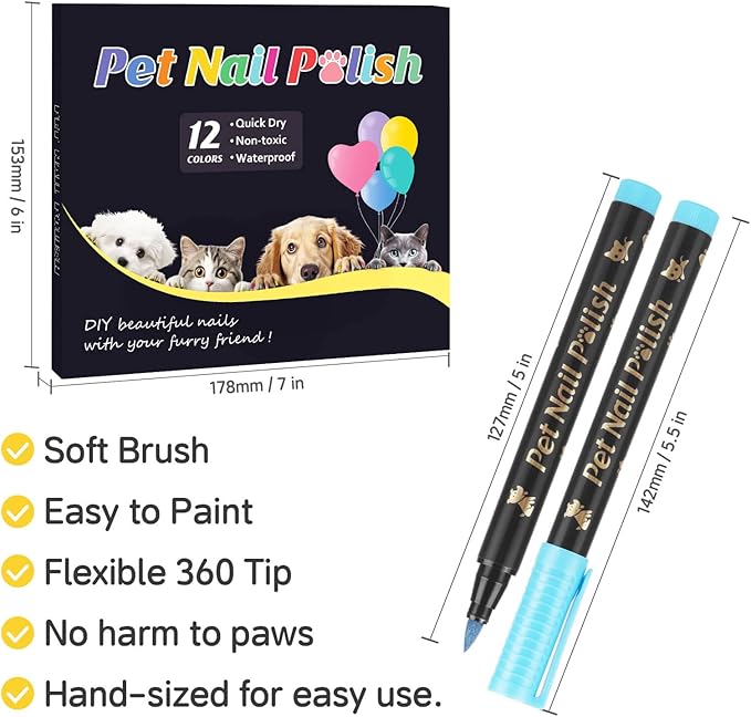 Dog Nail Polish Pens Quick Dry,12 Colors Safe Dog Nail Polish Set to DIY Pretty Nails, Ideal Gifts for Dogs Cats Light Dark Nails, Odorless, Non-Toxic, Water-Based Pet Nail Accessories Set