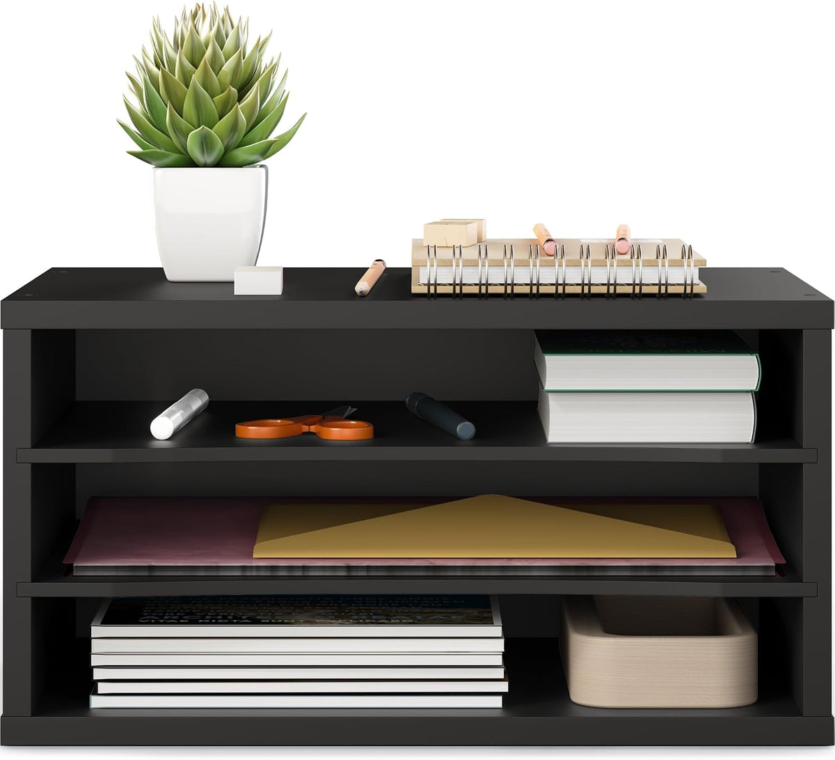 Ballucci Paper Organizer, 3-Tier Stackable Wood Desk Organizer, Document File Organizer and Mail Sorter with Adjustable Storage Shelves, Black
