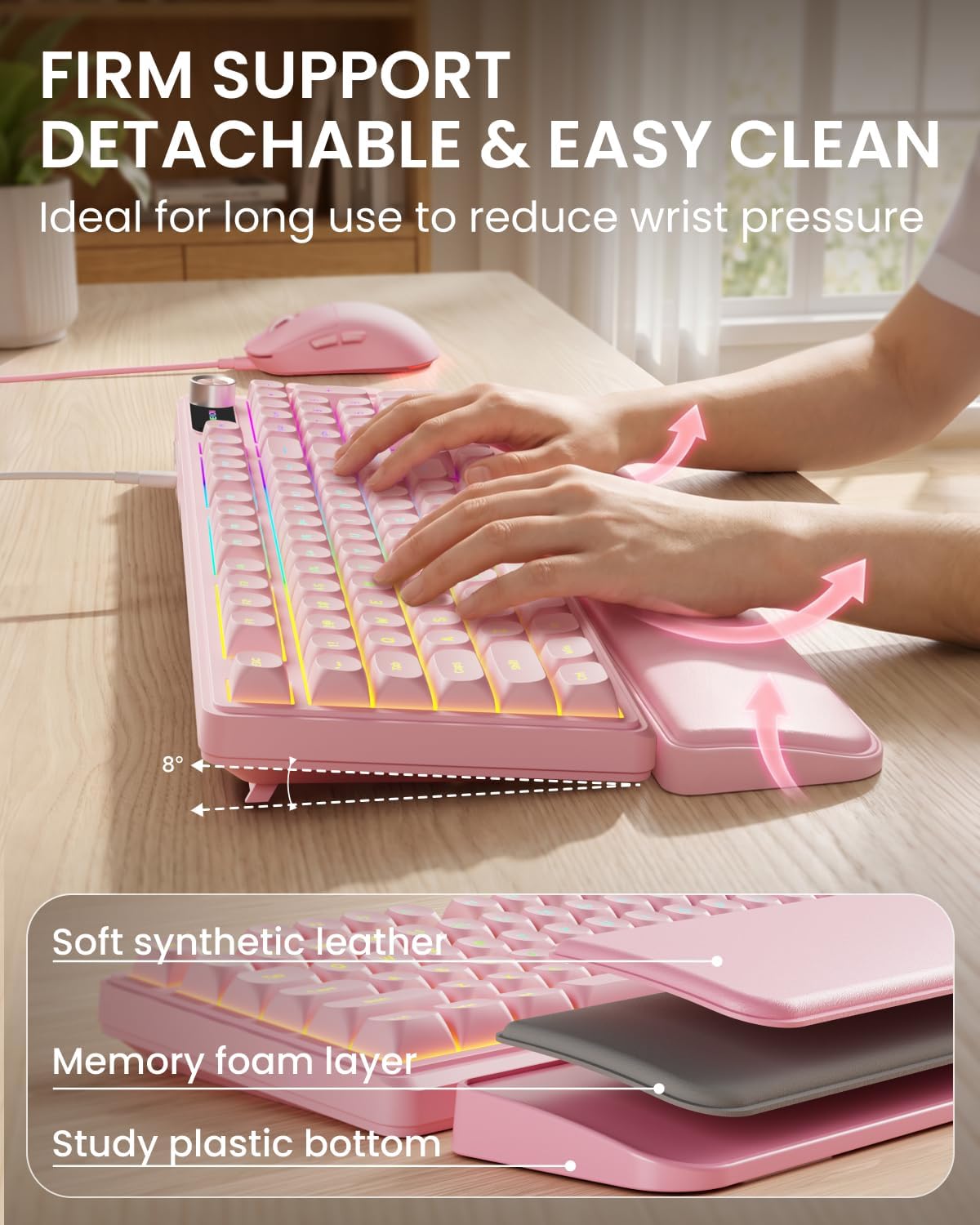 EWEADN Wired Keyboard and Mouse Combo with Detachable Wrist Rest - Pink
