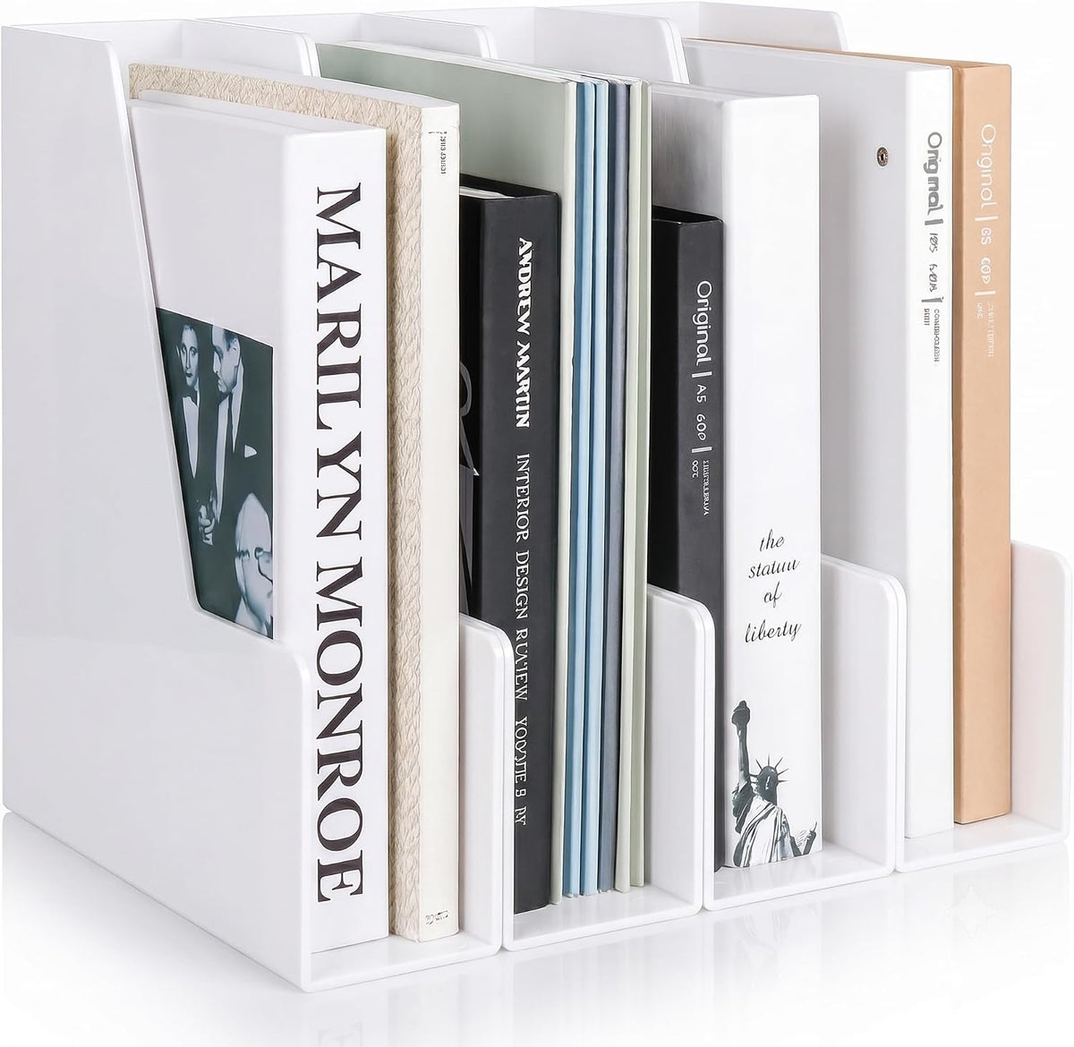 LALOBLUE White Vertical File Organizer, 4 Section Magazine Holder for Desk, Desktop File Folder Rack for Books, Magazines, Documents and Notebooks, Office Home School