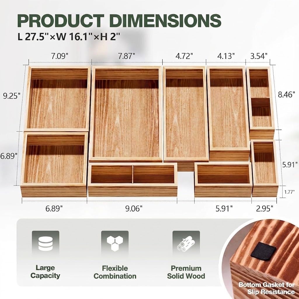 9-Pack Solid Wood Junk Drawer Organizer, Modular Desk Drawer Tray & Accessories with Non-Slip Pad, Multi-Use for Kitchen, Office, Bedroom Dresser, Utensil, Makeup, Stationery, Tea Bags & Coffee Pod