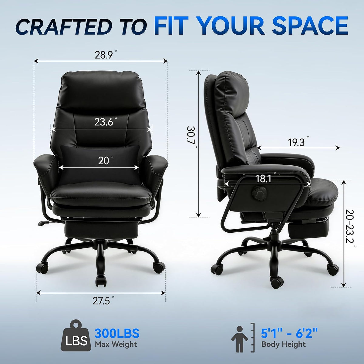 180° Reclining Office Chair with Footrest, PU Leather, Black