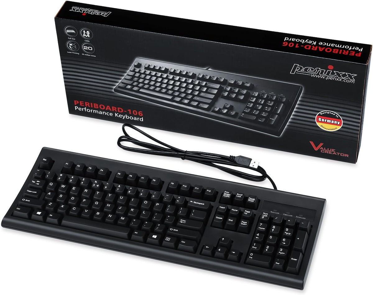 Perixx Periboard-106, Wired Performance Full Size Keyboard, Curve Ergonomic Keys, Black, US English Layout (11204)