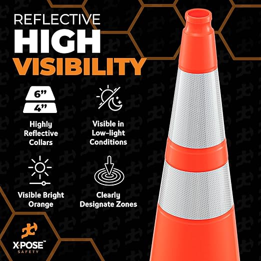 Xpose Safety 36 Inch Orange Traffic Cones with 6" & 4" Collars, 48-Pack - Multipurpose PVC Plastic Safety Cone for Parking, Soccer, Caution, Kids and Construction - DOT Approved