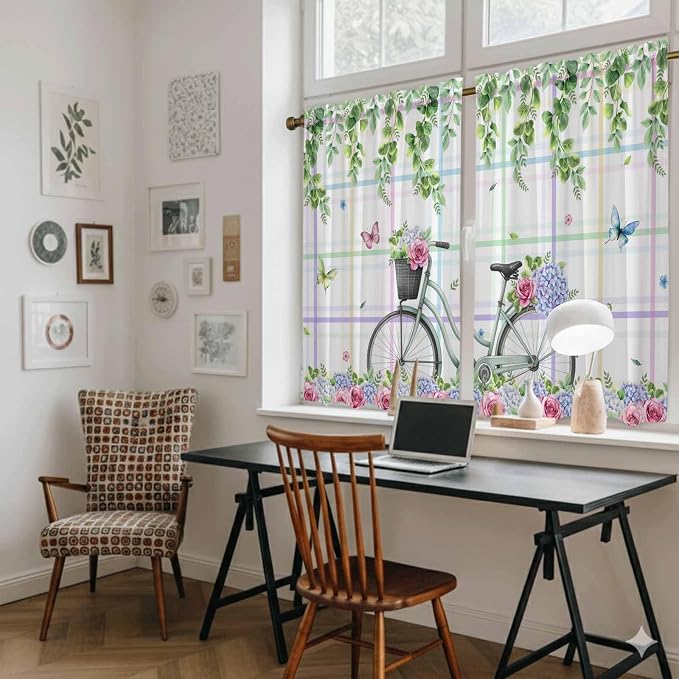 Spring Kitchen Curtains, Bicycles Botanical Leaves Rose Colorful Stripes Light