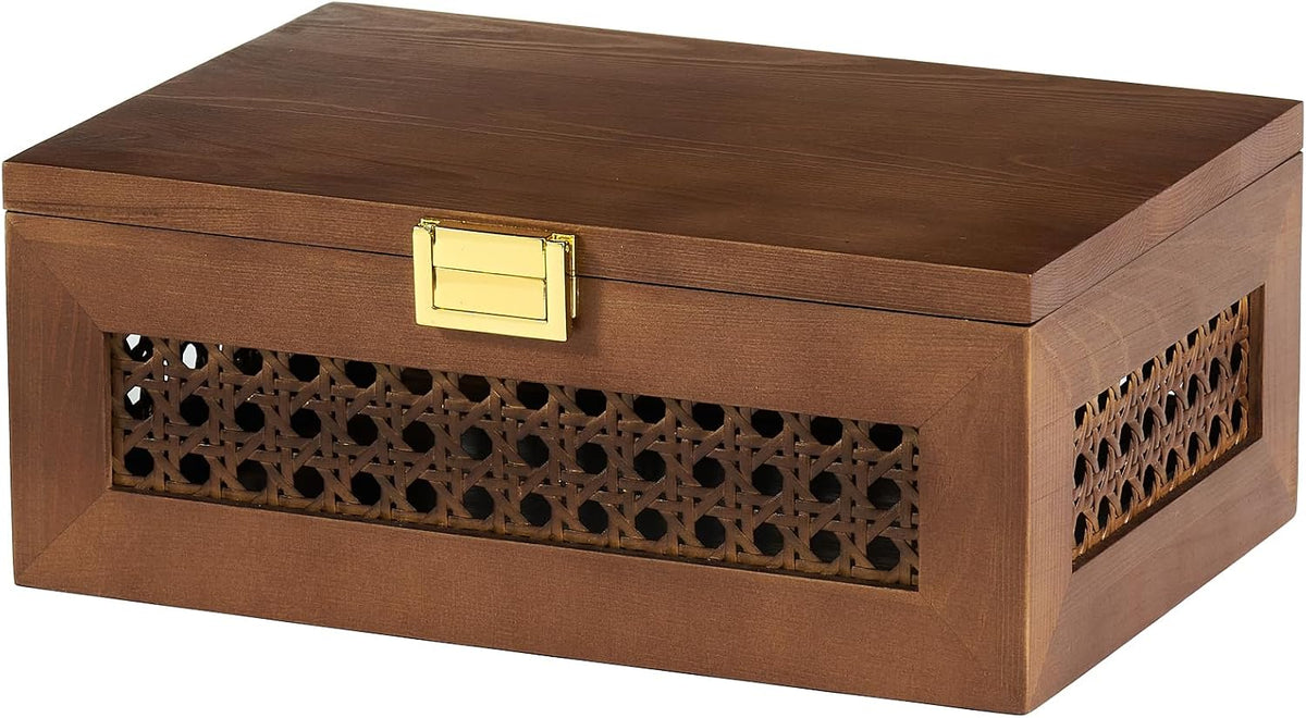 Decorative Rattan Storage Boxes Baskets with Lid Wooden Frame
