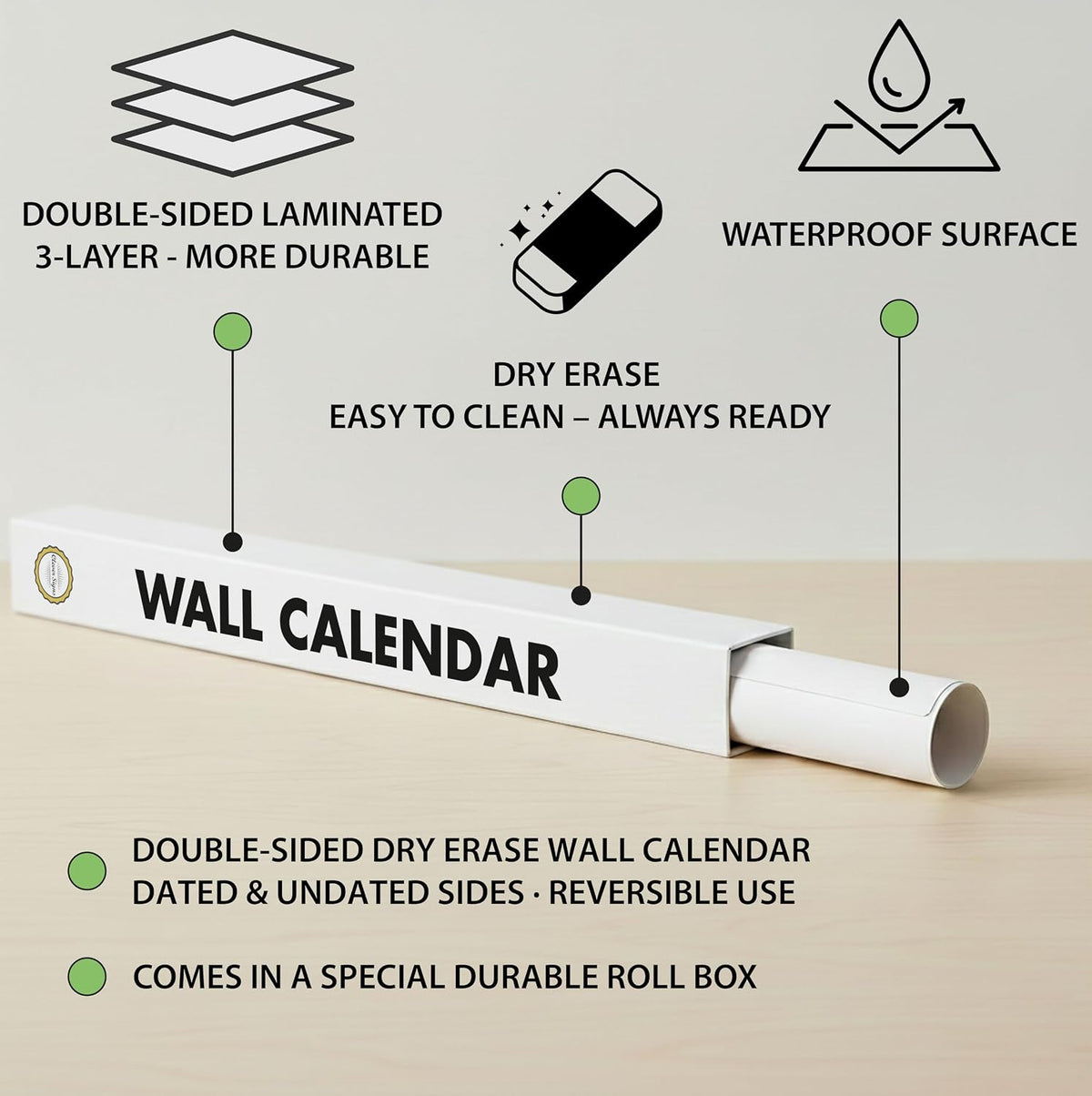 Dry Erase Wall Calendar 2026, 27×39 in — Double-Sided Yearly Planner (Dated & Undated), Reusable Write & Wipe, Large Wall Planner for Home, Office, Classroom — Rolled Poster.