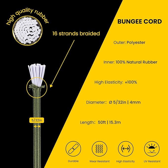 Bungee Cord Elastic Shock Cord 5/32" x 50' Bungee Rope for DIY, Tie Downs, Kayak and Outdoor - Army Green