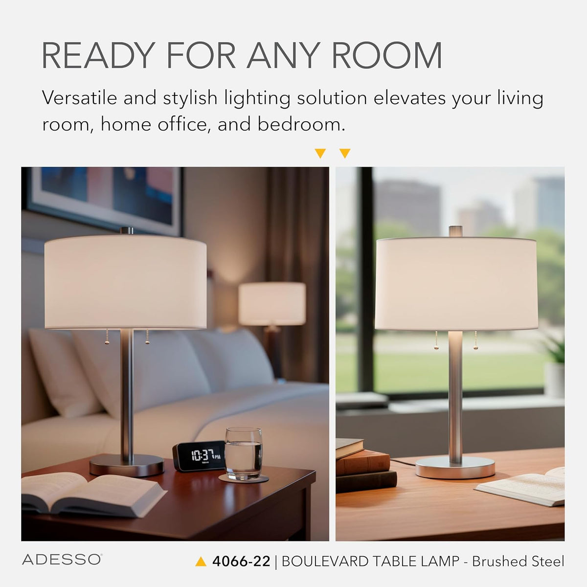 Adesso 2-Light Table Lamp, Brushed Steel & White, Dual Pull Chains, 28”