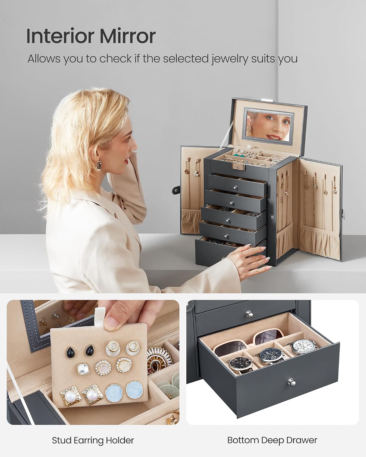 SONGMICS 6-Layer Jewelry Box Organizer with 5 Drawers, Lock and Mirror