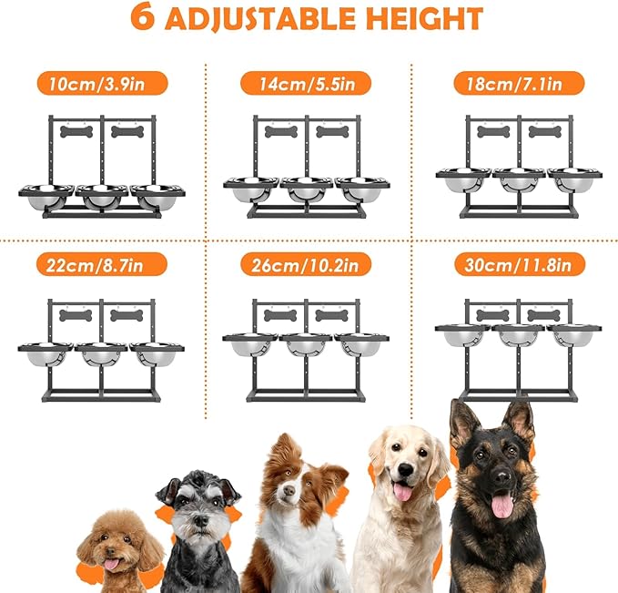 Elevated Dog Bowls for Large Dogs, 6 Height Adjustable Raised Stand with Mat, Two Signature Cards and Three 1700ML Bowls, for Large Breed and Multi-Pet Households