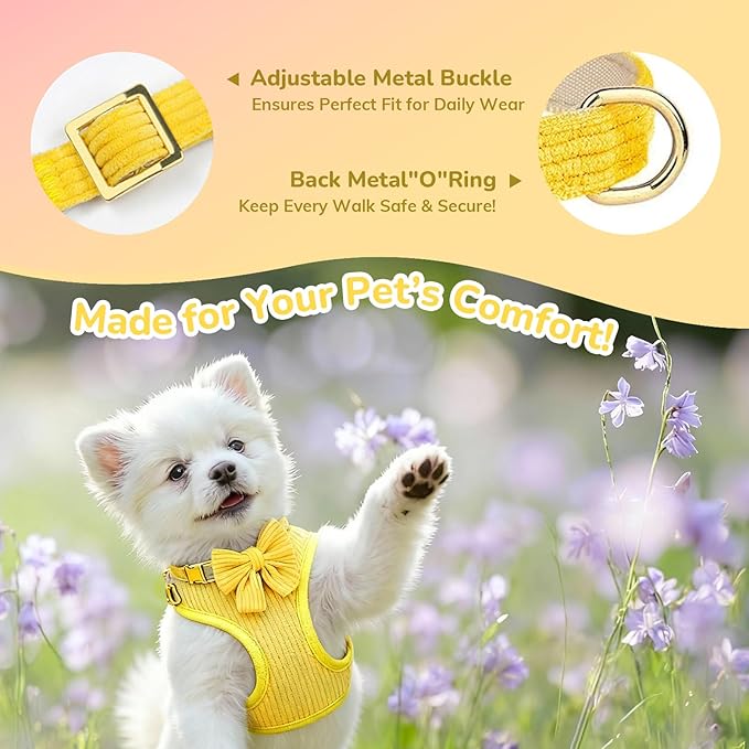 Small Dog Collar Harness and Leash Set, Dog Harness no Pull with Bowtie, Breathable Cotton Adjustable Pet Puppy Harness, Easy Walk Dog Harness, M(16-21")