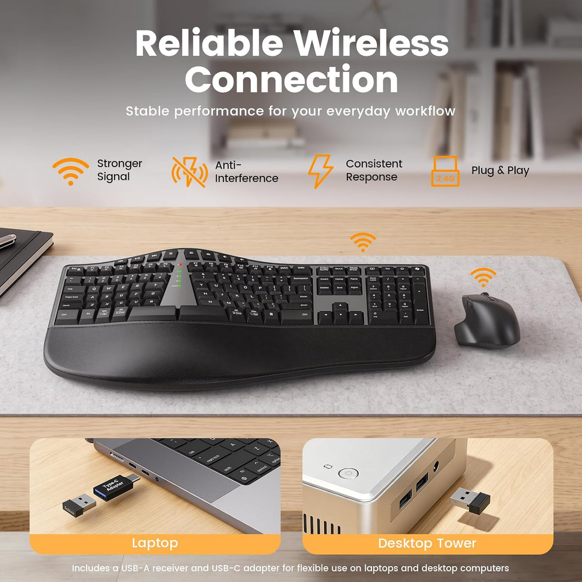 SABLUTE Ergonomic Wireless Keyboard and Mouse, Rechargeable, Split, Win/Mac