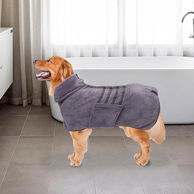 Geyecete Pineapple Grid Fast Drying Super Absorbent Dog Cat Bath Robe Towel - Gray, XL