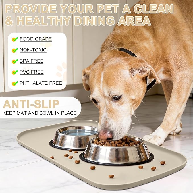 Silicone Pet Food Mat with Raised Edge for Food and Water Bowl, Dog Feeding Mats, Cat Food Trays for Floor Waterproof, Rubber Tray for Dogs and Cats, 24 x 16 x 0.8 Beige