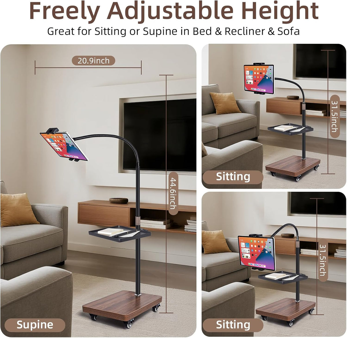 Rolling Tablet Holder Stand Adjustable Height & 360° Rotatable