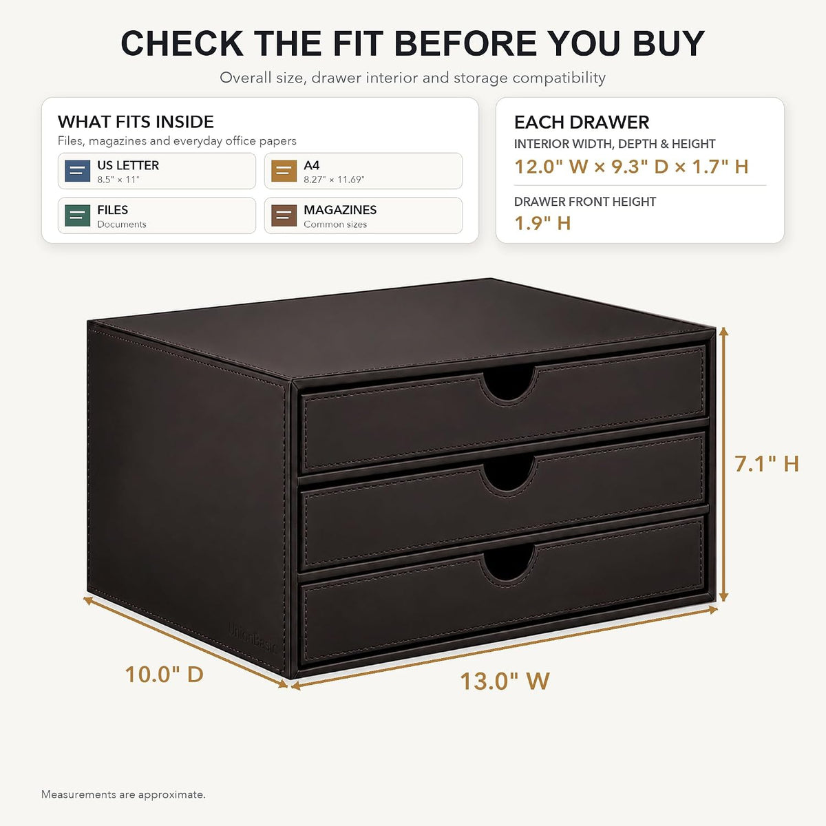 UnionBasic Leather Desktop Drawer Organizer, File Cabinet Magazine Document Holder, Office Supplies Desk Storage Organizer Box, 3 Drawer, Coffee
