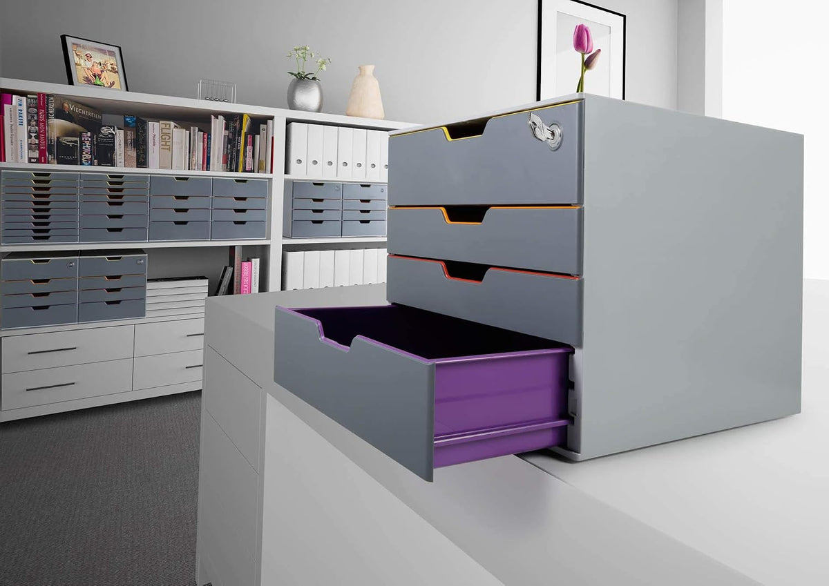 Durable Varicolor Drawer Organizer, 4 Lockable Color Coded Drawers, Gray