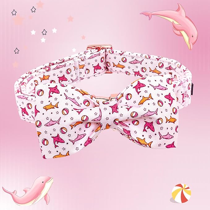Lionheart glory Dog Collar Shark Print Dogs Bow Collar Adjustable Soft Pink Dog Collars Male or Female Summer Spring Collars with Bowtie for Small Dogs